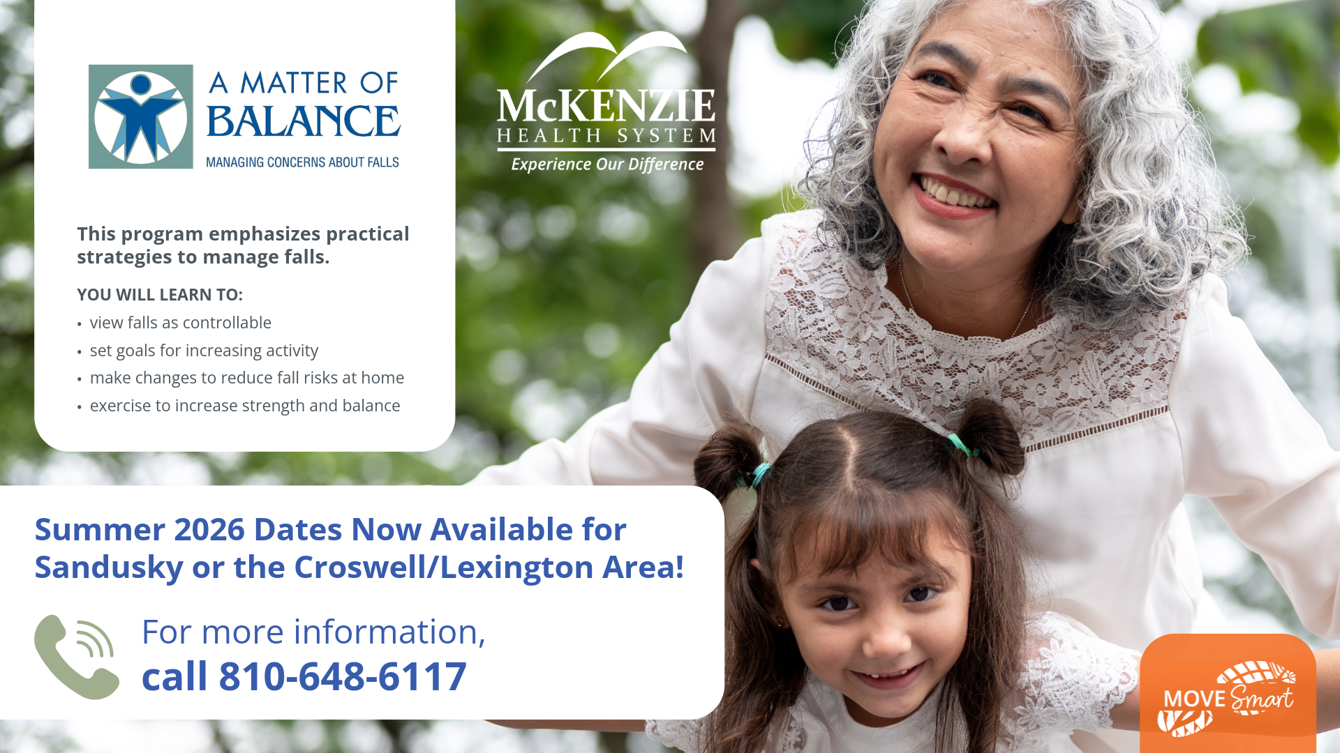 Promotional graphic for McKenzie Health System's "A Matter of Balance" fall prevention program. The left side features the program logo and information stating that participants will learn practical strategies to manage concerns about falls, including viewing falls as controllable, setting activity goals, reducing fall risks at home, and improving strength and balance through exercise. A banner at the bottom announces that Summer 2026 dates are available for the Sandusky and Croswell/Lexington areas and provides the phone number 810-648-6117 for more information. The right side shows a smiling older woman outdoors with a young child, emphasizing healthy aging, mobility, and family connections. The McKenzie Health System logo and Move Smart wellness icon are also displayed.